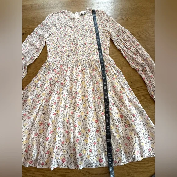 Ganni Floral Babydoll Mini Dress Long Sleeve Ditsy Print Pleated